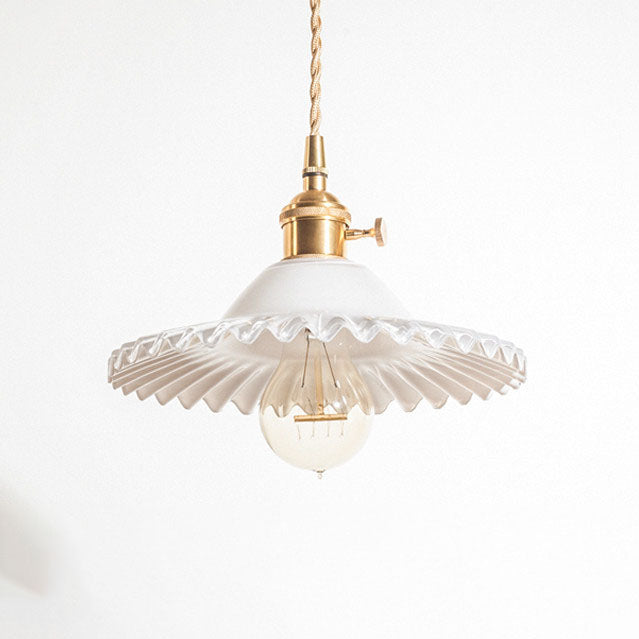 Traditional Vintage Round Ripple Brass Glass 1-Light Pendant Light For Living Room Cuvalon