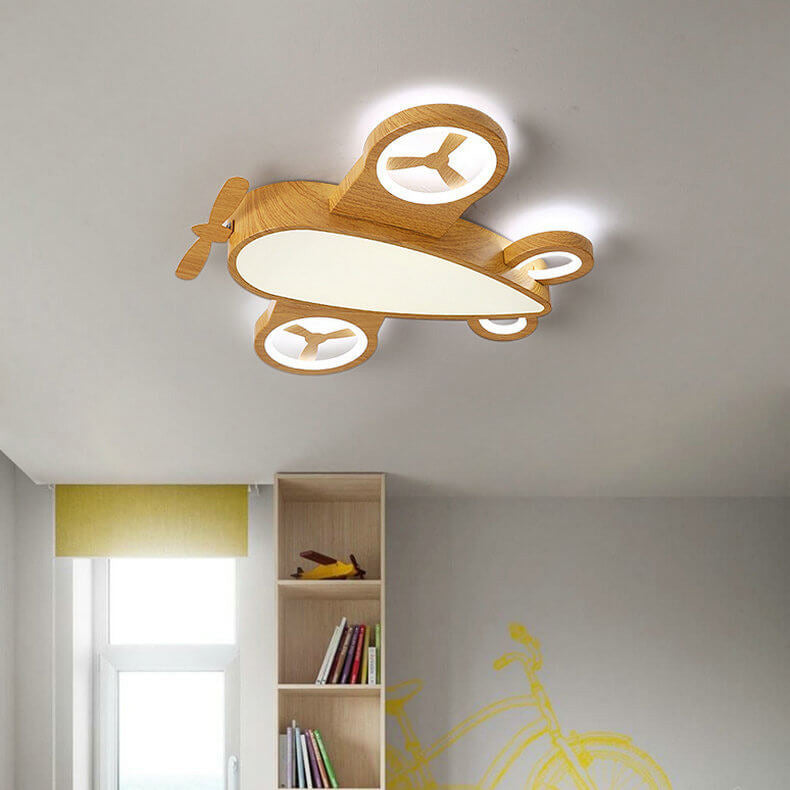 Cartoon Creative Wood Grain Aircraft LED Kids Flush Mount Ceiling Light Cuvalon