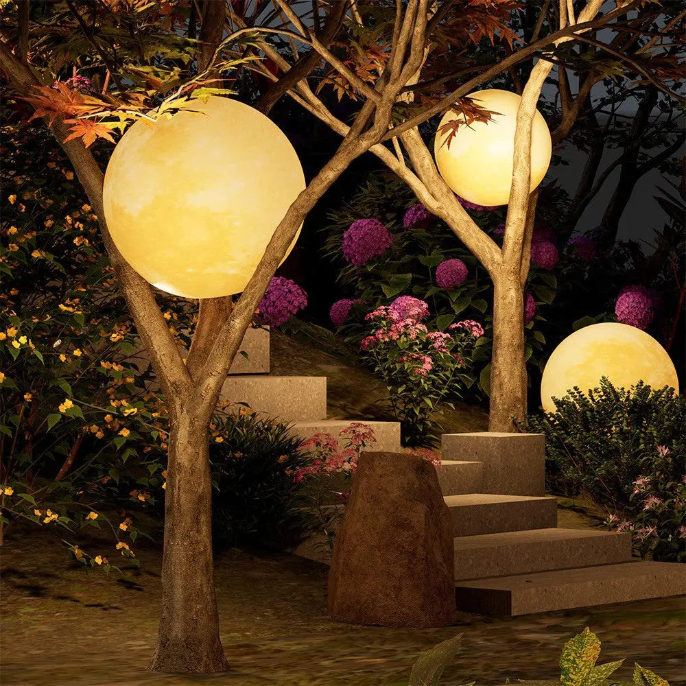 Contemporary Nordic Solar Waterproof PE Resin Round Moon LED Pendant Light For Outdoor Patio Cuvalon