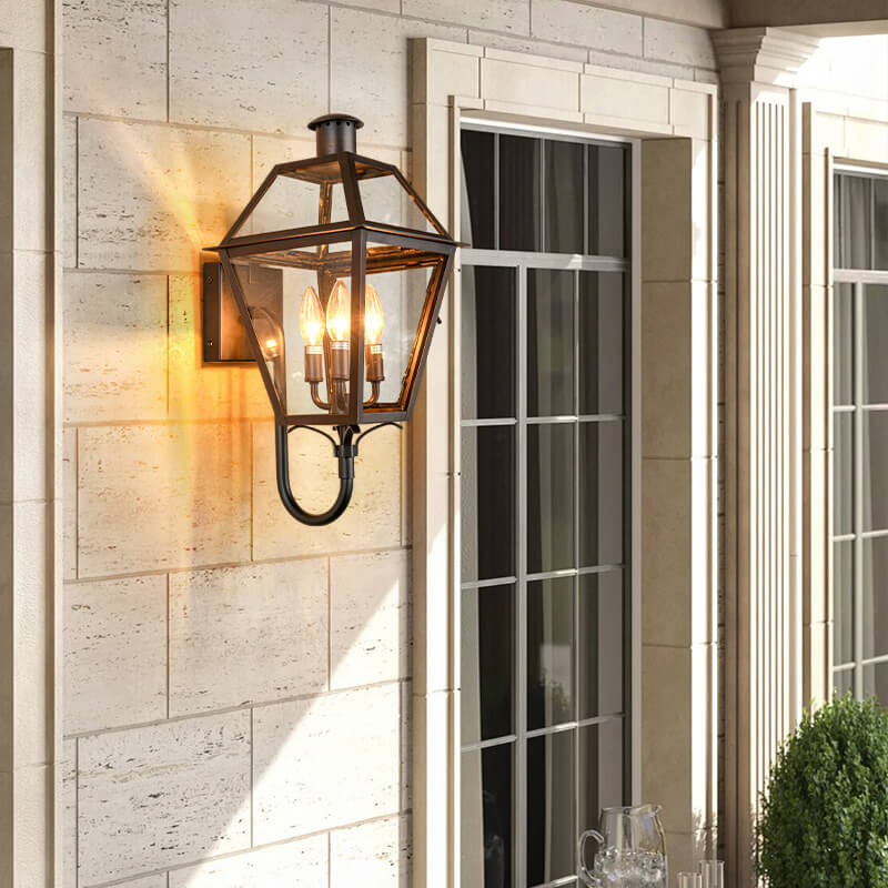 Industrial Waterproof Glass Lantern Iron 3-Light Outdoor Wall Sconce Lamp Cuvalon