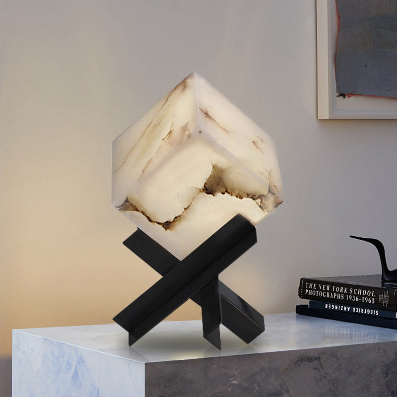 Modern Minimalist Textured Square Stainless Steel Marble 1-Light Table Lamp For Bedroom Cuvalon