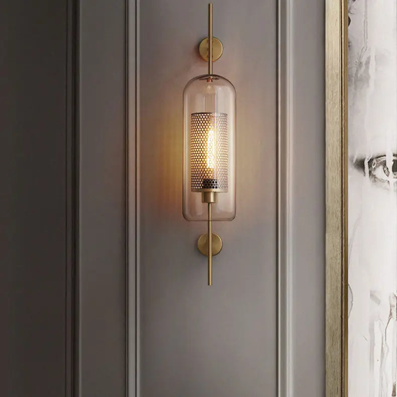 Contemporary Industrial Cylinder Glass Shade Iron Finish Frame 1-Light Wall Sconce Lamp For Bedroom Cuvalon