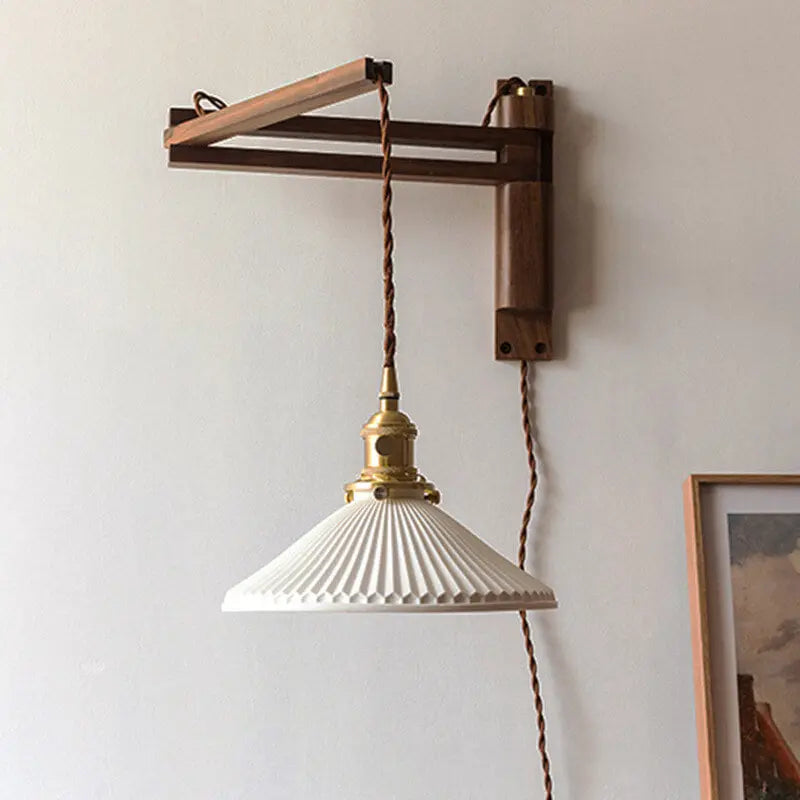 Nordic Milk White Striped Glass Walnut Retractable 1-Light Wall Sconce Lamp Cuvalon