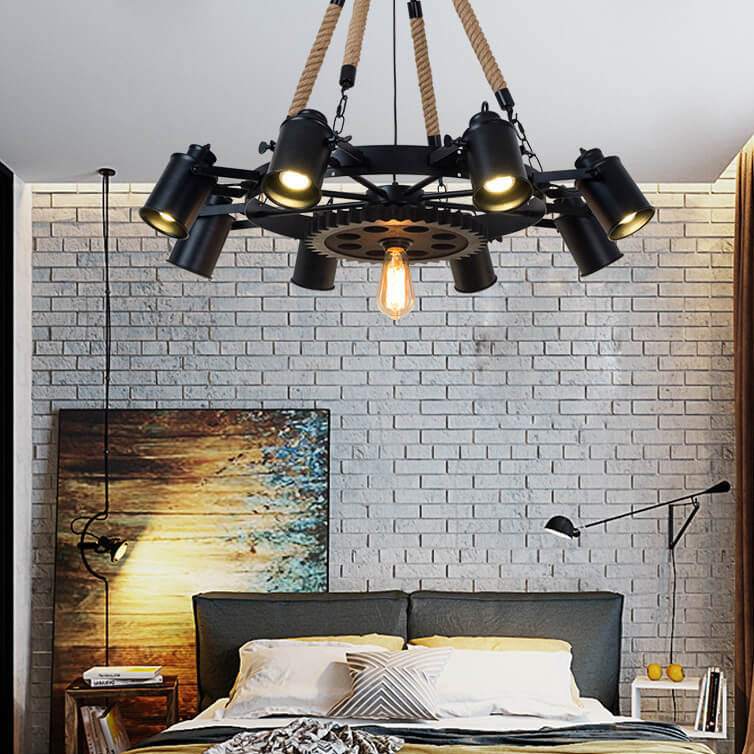 Industrial Retro Gear Wrought Ion Hemp Rope 6/8/10-Light Chandelier Cuvalon
