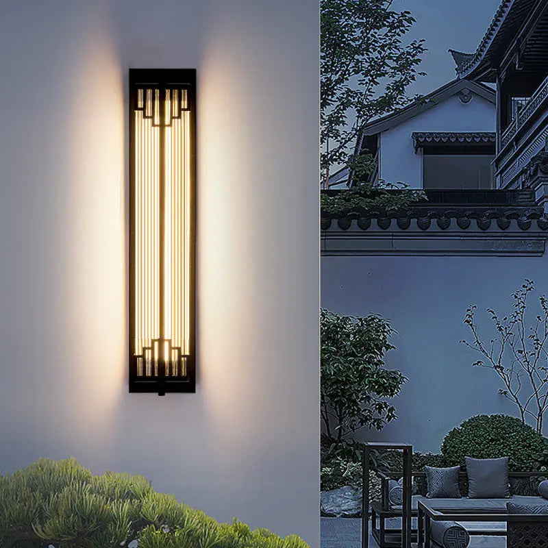 Traditional Chinese Waterproof Rectangular Stainless Steel Glass LED Wall Sconce Lamp For Outdoor Patio Cuvalon