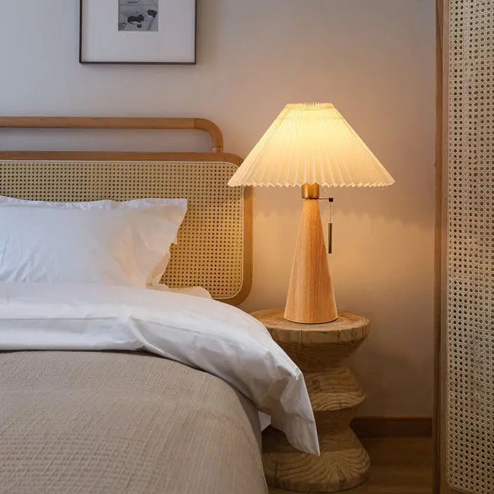 Japanese Minimalist Vintage Pleated Wooden Fabric LED Table Lamp Cuvalon