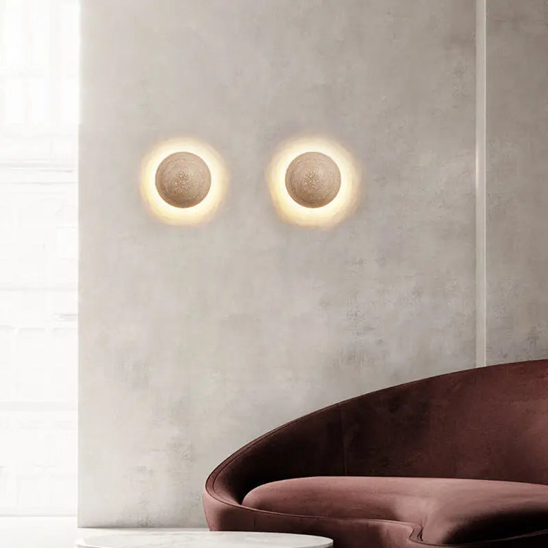 Japanese Minimalist Round Yellow Travertine Wabi-Sabi LED Wall Sconce Lamp Cuvalon