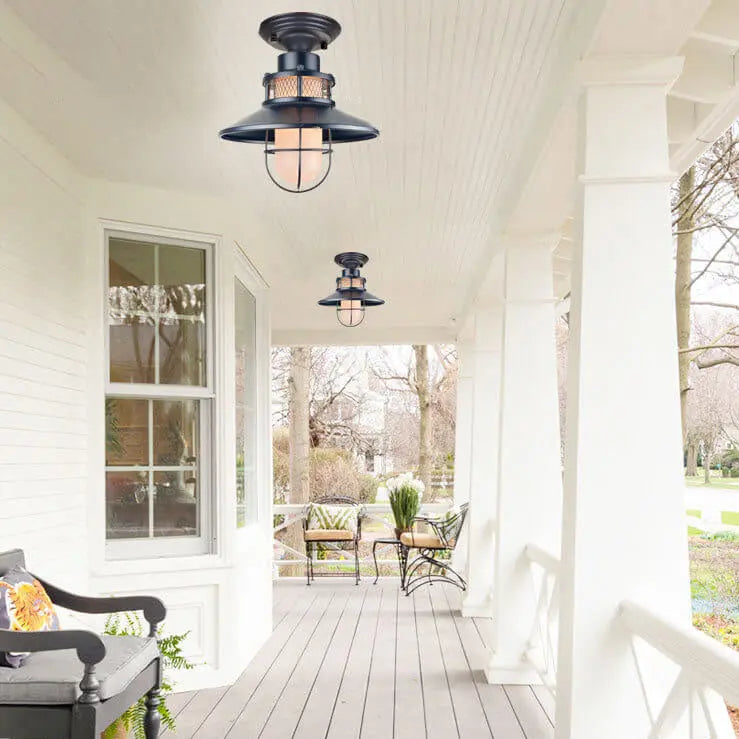 Outdoor Waterproof Iron Frosted Glass 1-Light Semi-Flush Mount Ceiling Light Cuvalon
