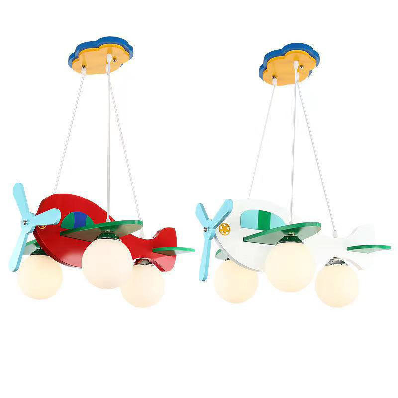 Contemporary Creative Wooden Airplane Glass 3-Light Chandelier For Bedroom Cuvalon