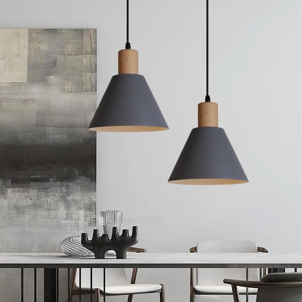 Nordic Vintage Iron Cone Wood Top 1-Light Pendant Light Cuvalon
