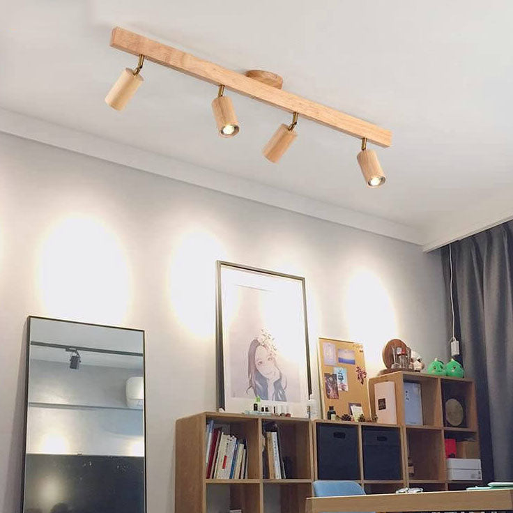Japanese Minimalist Wooden Track Lighting LED 2/3/4/5 Light Semi-Flush Mount Ceiling Light Cuvalon