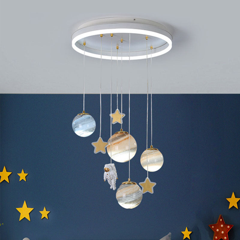 Contemporary Scandinavian Space Planet Acrylic Glass Round Shade LED Kids Flush Mount Ceiling Light For Bedroom Cuvalon