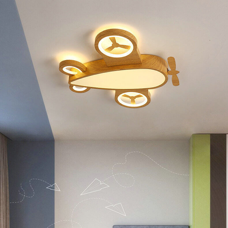 Cartoon Creative Wood Grain Aircraft LED Kids Flush Mount Ceiling Light Cuvalon