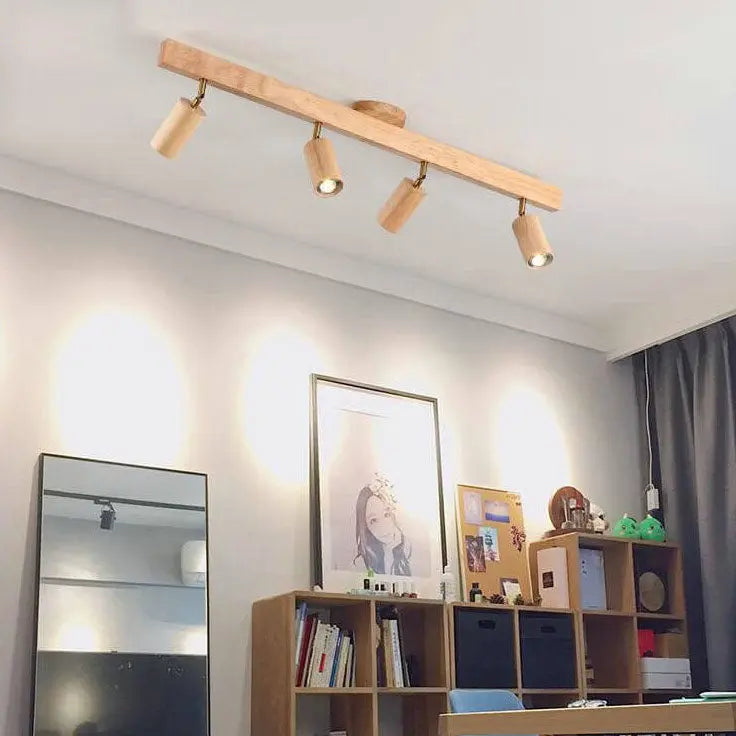 Japanese Minimalist Wooden Track Lighting LED 2/3/4/5 Light Semi-Flush Mount Ceiling Light Cuvalon