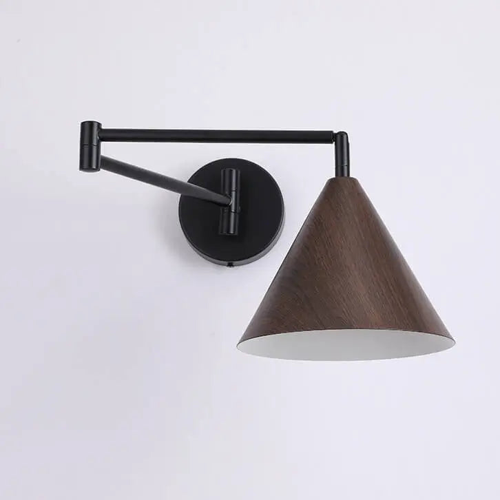 Nordic Minimalist Cone Swing Arm Wood Grain Iron 1-Light Wall Sconce Lamp Cuvalon