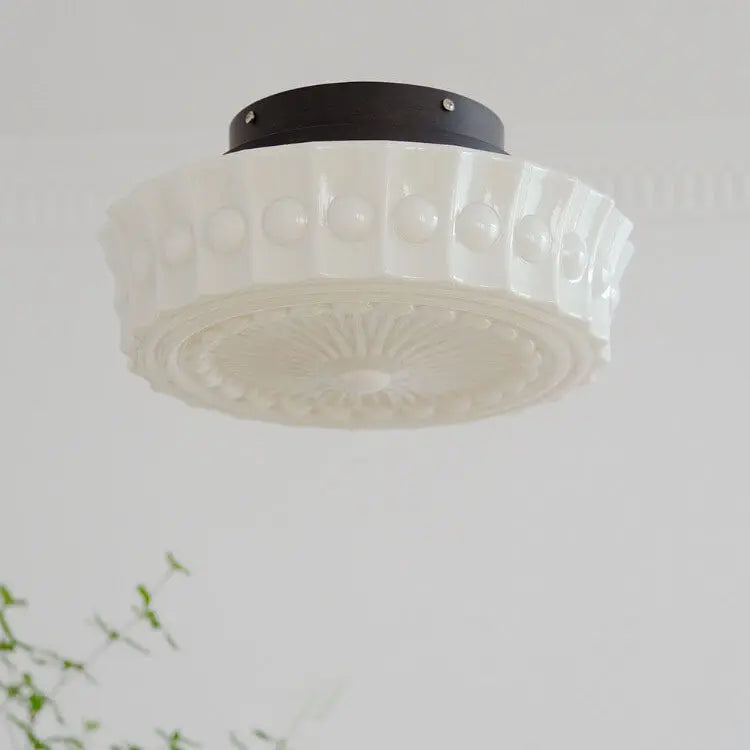 French Vintage White Jade Glass Stripes Round Drum LED Semi-Flush Mount Ceiling Light Cuvalon
