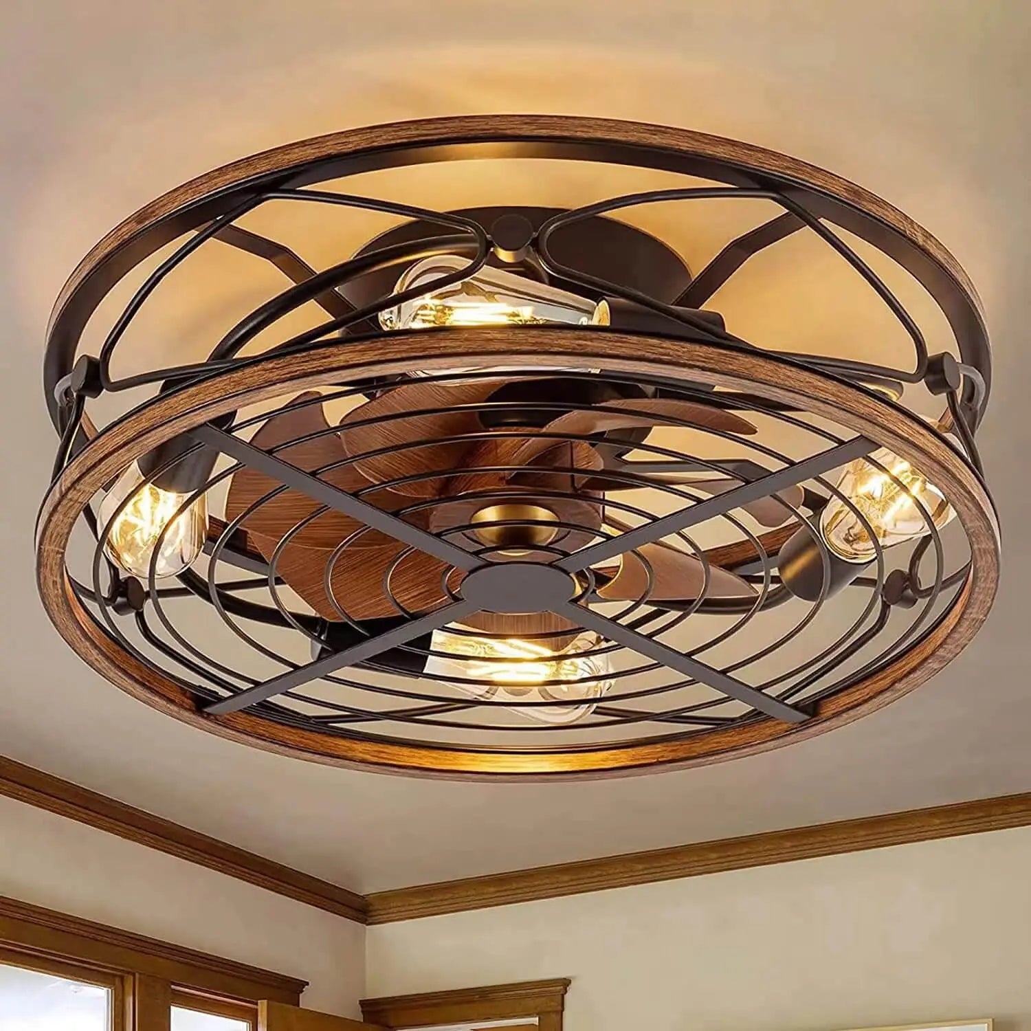 Nordic Industrial Wrought Iron Cylinder 4-Light Flush Mount Ceiling Invisible Fan Light Cuvalon