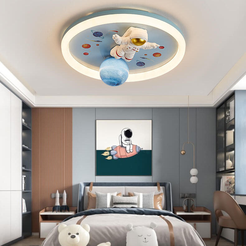 Childlike Cartoon Resin Astronaut Round Acrylic LED Flush Mount Ceiling Light Cuvalon