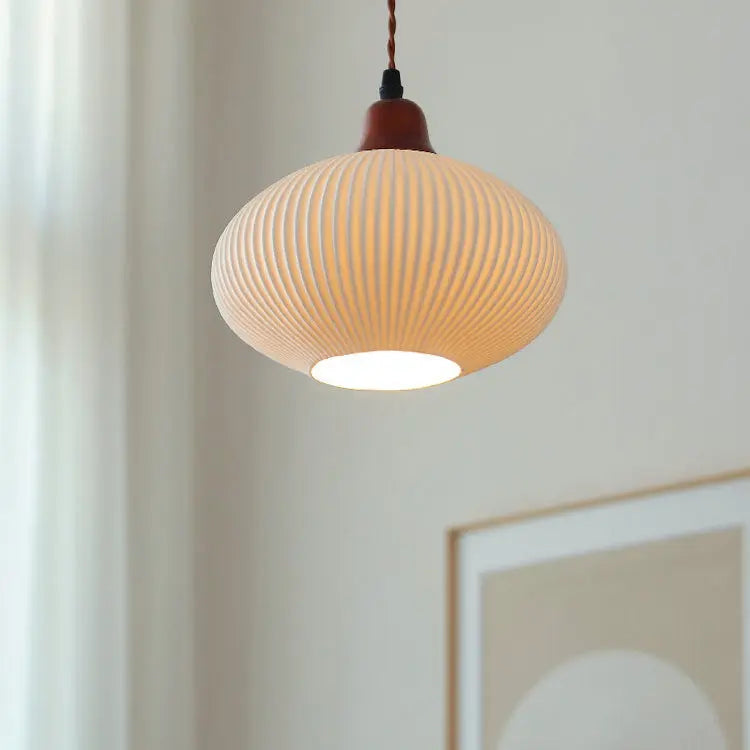 Japanese Vintage Pleated Ceramic Round Dome Wood 1-Light Pendant Light Cuvalon