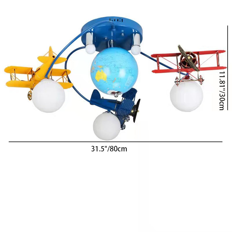Modern Art Deco Orb Airplane Globe Glass Iron Kids 6-Light Flush Mount Ceiling Light For Bedroom Cuvalon