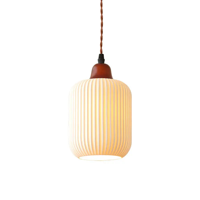 Japanese Vintage Pleated Ceramic Round Dome Wood 1-Light Pendant Light Cuvalon