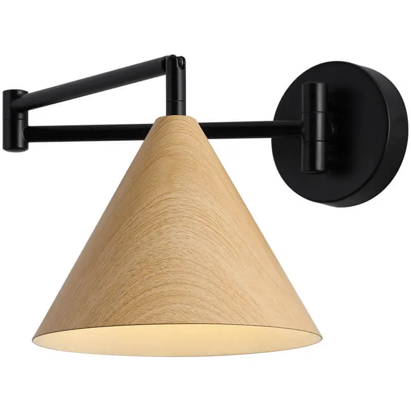 Nordic Minimalist Cone Swing Arm Wood Grain Iron 1-Light Wall Sconce Lamp Cuvalon