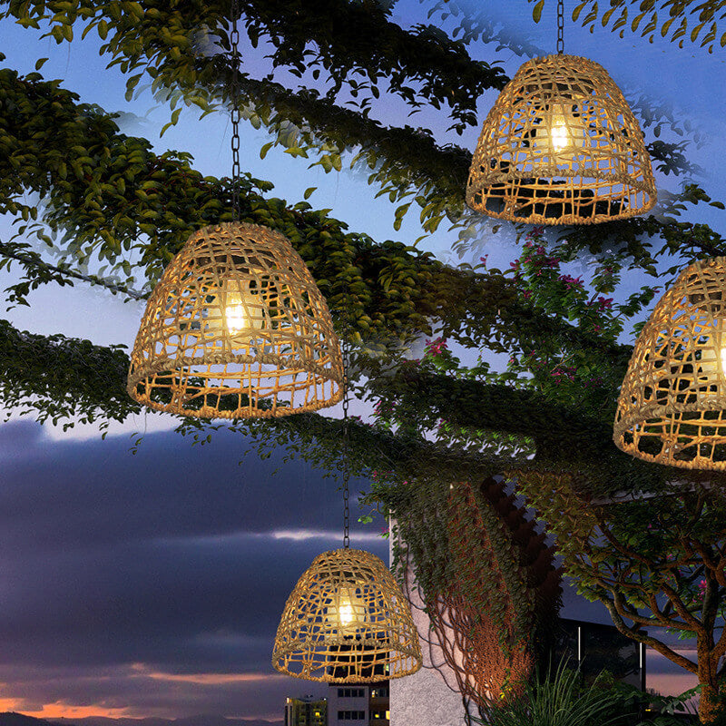 Traditional Rustic Iron Net Rattan Weaving Cage LED Solar Waterproof Pendant Light For Outdoor Patio Cuvalon