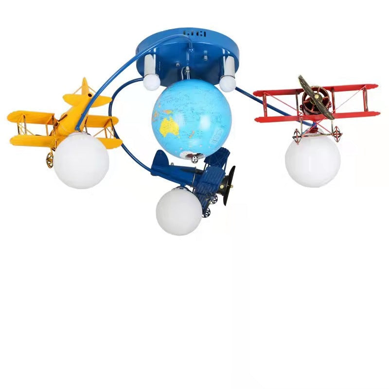 Modern Art Deco Orb Airplane Globe Glass Iron Kids 6-Light Flush Mount Ceiling Light For Bedroom Cuvalon