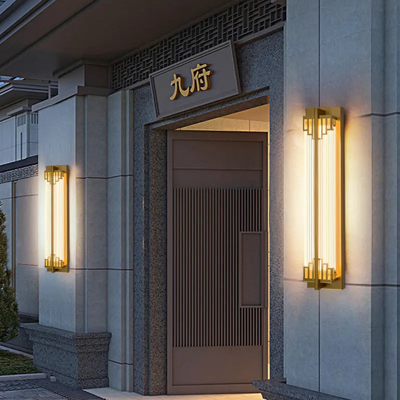 Traditional Chinese Waterproof Rectangular Stainless Steel Glass LED Wall Sconce Lamp For Outdoor Patio Cuvalon