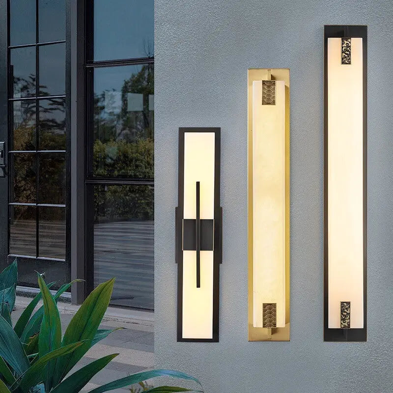 Modern Transitional Rectangular Copper Marble LED Outdoor Wall Sconce Lamp For Outdoor Patio Cuvalon