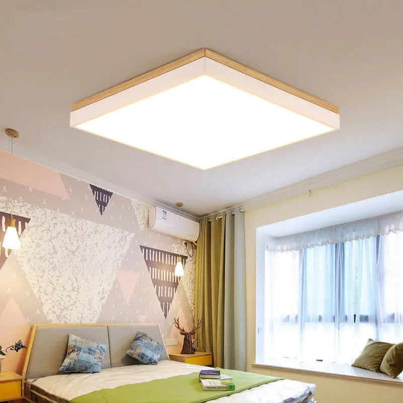 Modern Minimalist Solid Wood Acrylic Square Rectangle LED Flush Mount Ceiling Light for Living Room Cuvalon