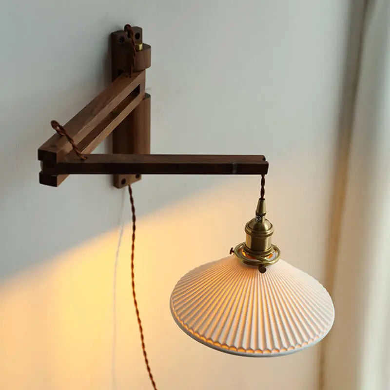 Nordic Milk White Striped Glass Walnut Retractable 1-Light Wall Sconce Lamp Cuvalon