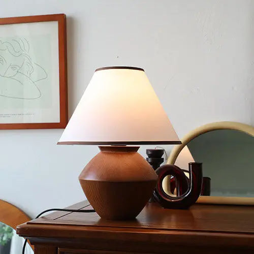 Japanese Wabi-sabi Vintage Solid Wood Fabric 1-Light Table Lamp Cuvalon