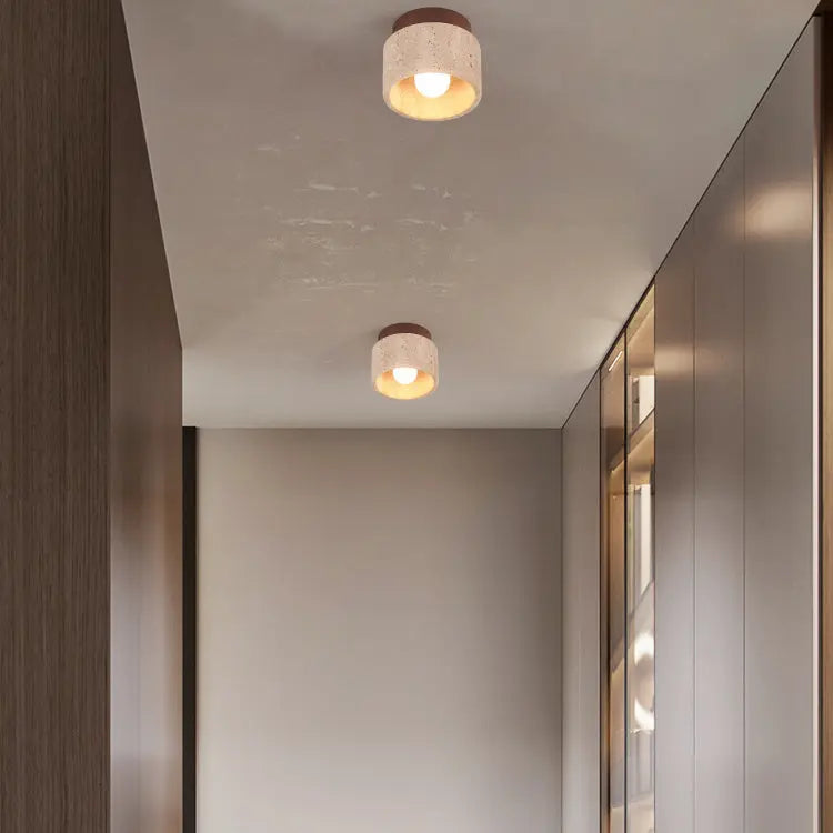 Japanese Wabi-Sabi Yellow Travertine Column Wood 1-Light Semi-Flush Mount Ceiling Light Cuvalon