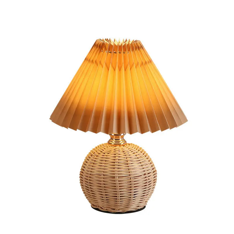 Contemporary Nordic Rattan Fabric Pleated Conic Ball LED Table Lamp For Bedroom Cuvalon