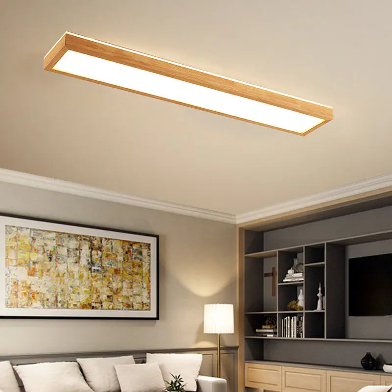 Japanese Minimalist Log Rectangular Walnut LED Flush Mount Ceiling Light Cuvalon