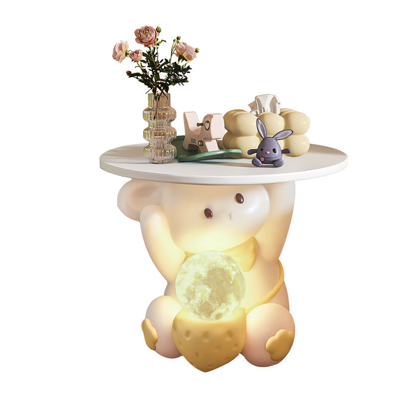 Modern Art Deco Kids Rabbit Round Plate Rectangular Drawer Resin Wood Enamel End Table 1-Drawer With LED Light For Bedroom Cuvalon