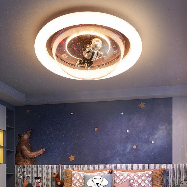 Contemporary Creative Cartoon Planet Resin Astronaut Acrylic Round Shade LED Kids Flush Mount Ceiling Light For Bedroom Cuvalon