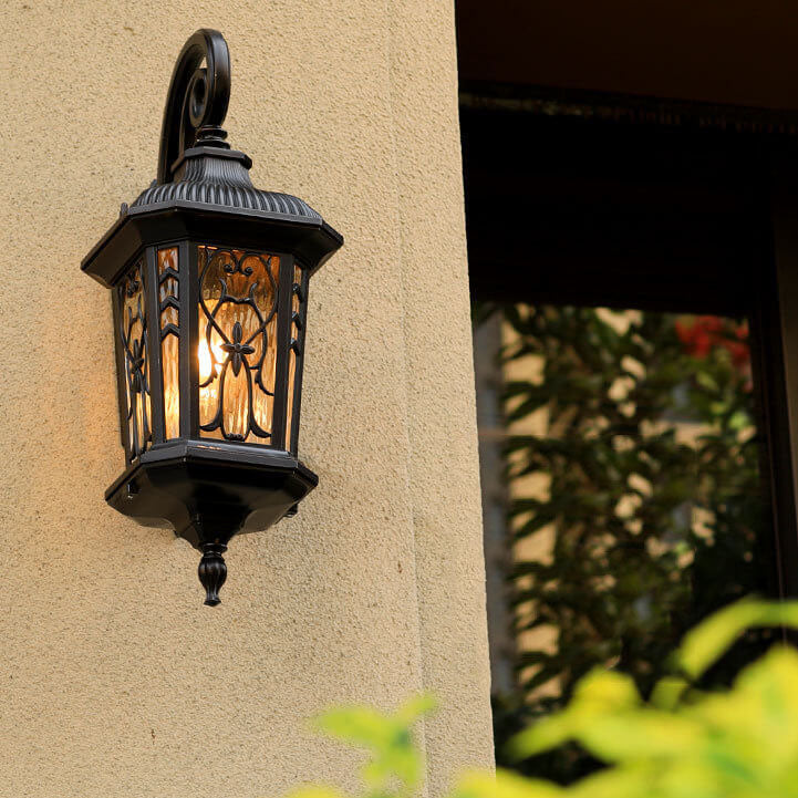 European Outdoor Carved Cage Aluminum Glass 1-Light Wall Sconce Lamp Cuvalon