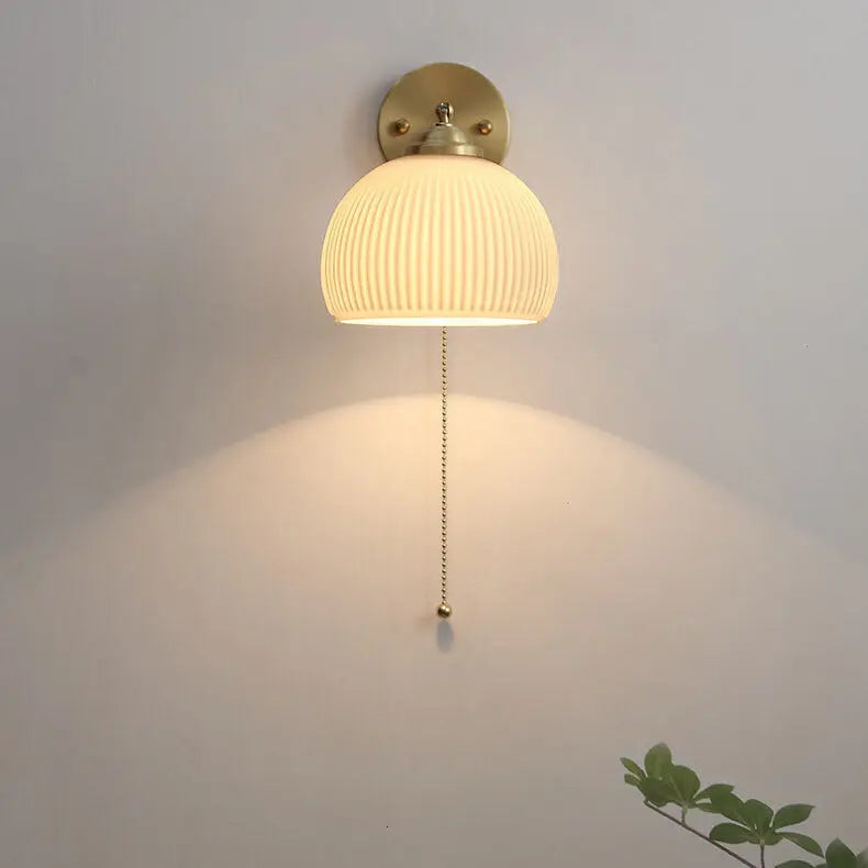 Nordic Striped Milk White Glass Brass 1-Light Pull Cord Wall Sconce Lamp Cuvalon