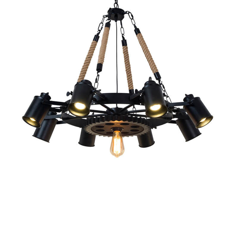 Industrial Retro Gear Wrought Ion Hemp Rope 6/8/10-Light Chandelier Cuvalon