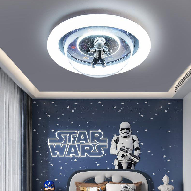 Contemporary Creative Cartoon Planet Resin Astronaut Acrylic Round Shade LED Kids Flush Mount Ceiling Light For Bedroom Cuvalon
