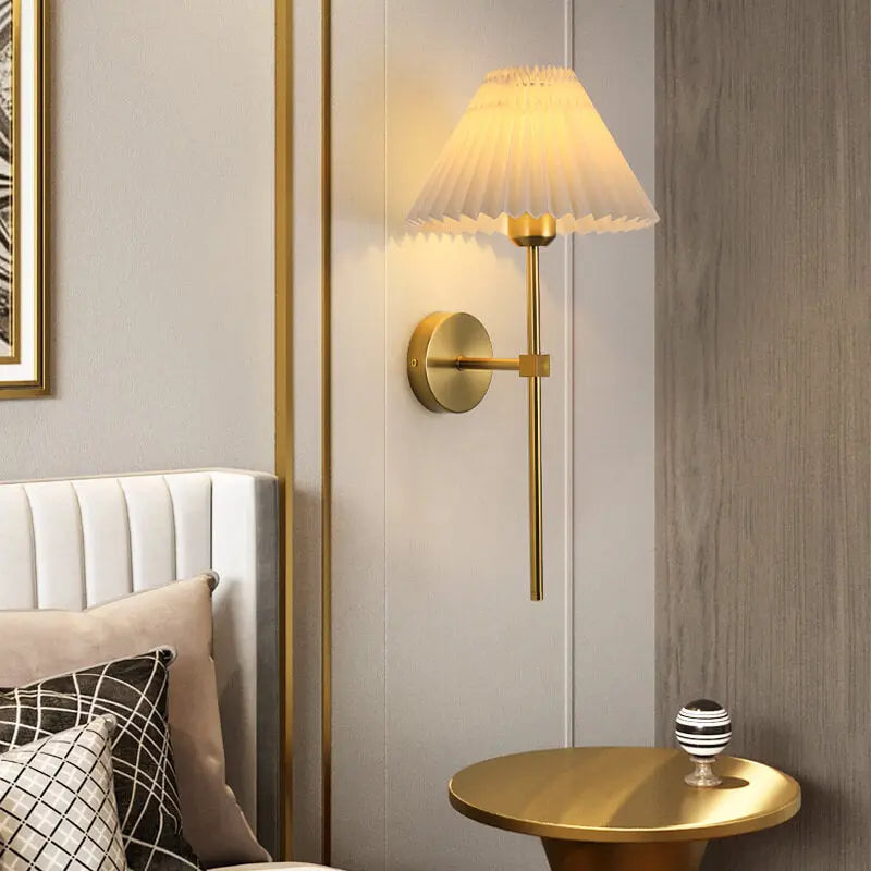 Vintage Pleated Fabric Shade Straight Arm 1-Light Wall Sconce Lamp Cuvalon