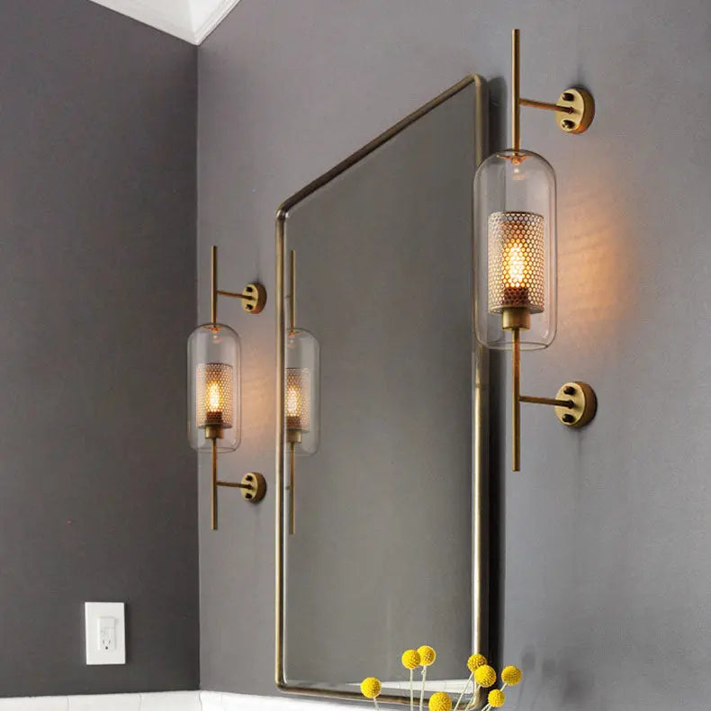 Contemporary Industrial Cylinder Glass Shade Iron Finish Frame 1-Light Wall Sconce Lamp For Bedroom Cuvalon