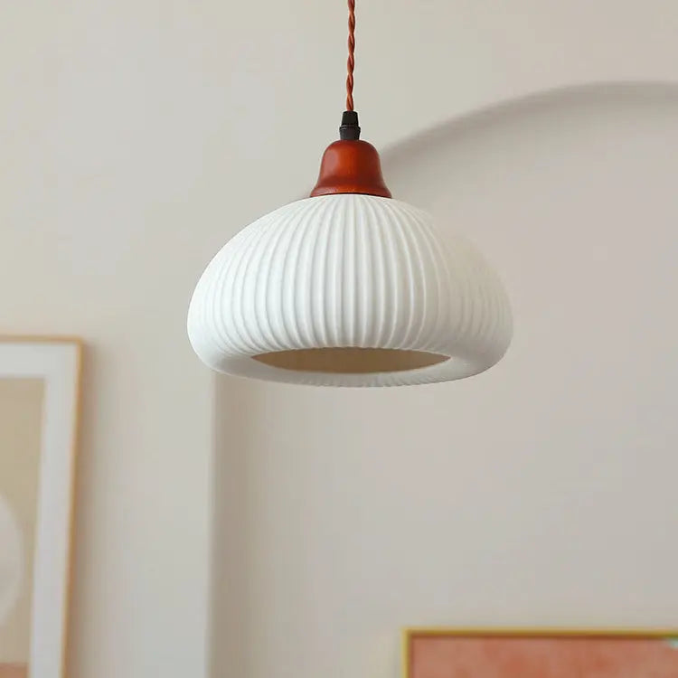 Japanese Vintage Pleated Ceramic Round Dome Wood 1-Light Pendant Light Cuvalon