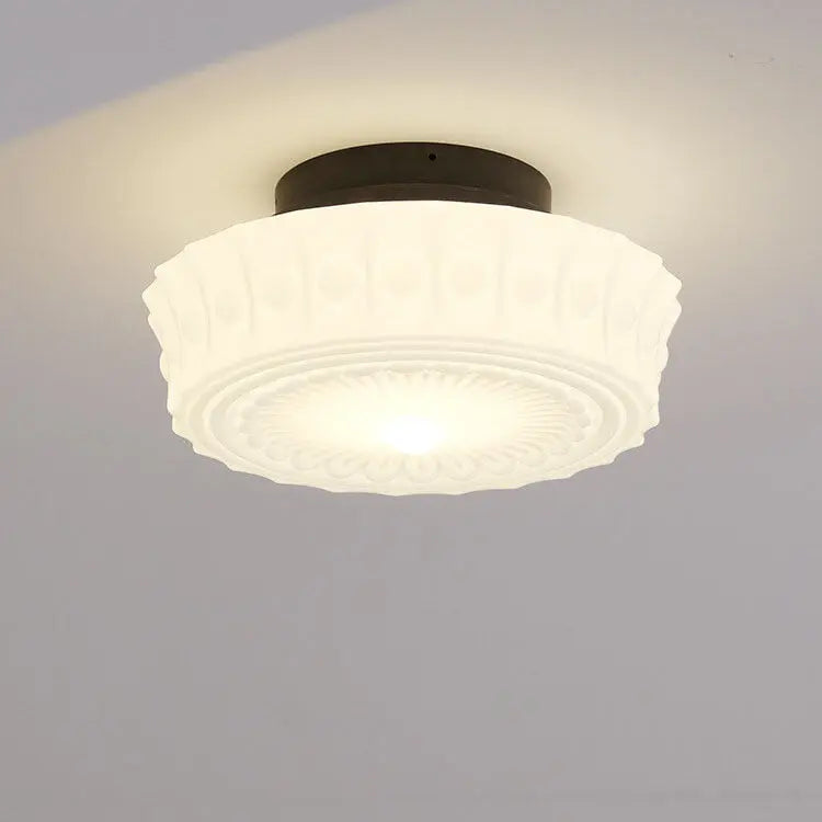 French Vintage White Jade Glass Stripes Round Drum LED Semi-Flush Mount Ceiling Light Cuvalon