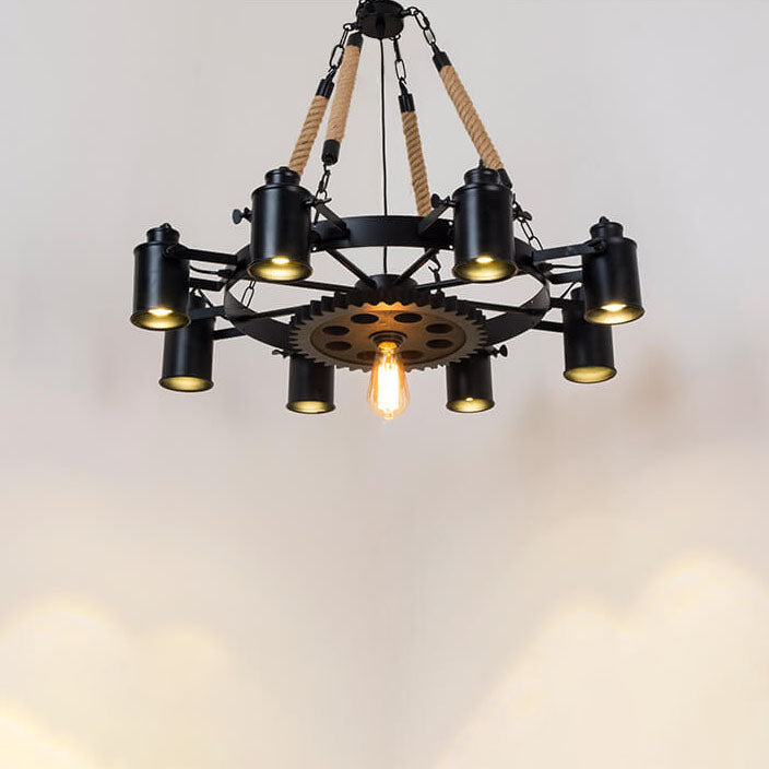Industrial Retro Gear Wrought Ion Hemp Rope 6/8/10-Light Chandelier Cuvalon