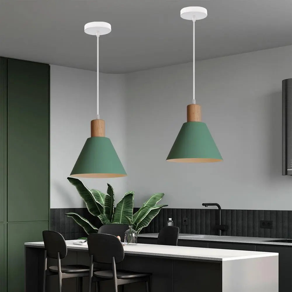 Nordic Vintage Iron Cone Wood Top 1-Light Pendant Light Cuvalon