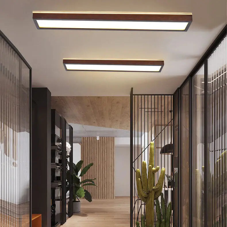 Japanese Minimalist Log Rectangular Walnut LED Flush Mount Ceiling Light Cuvalon