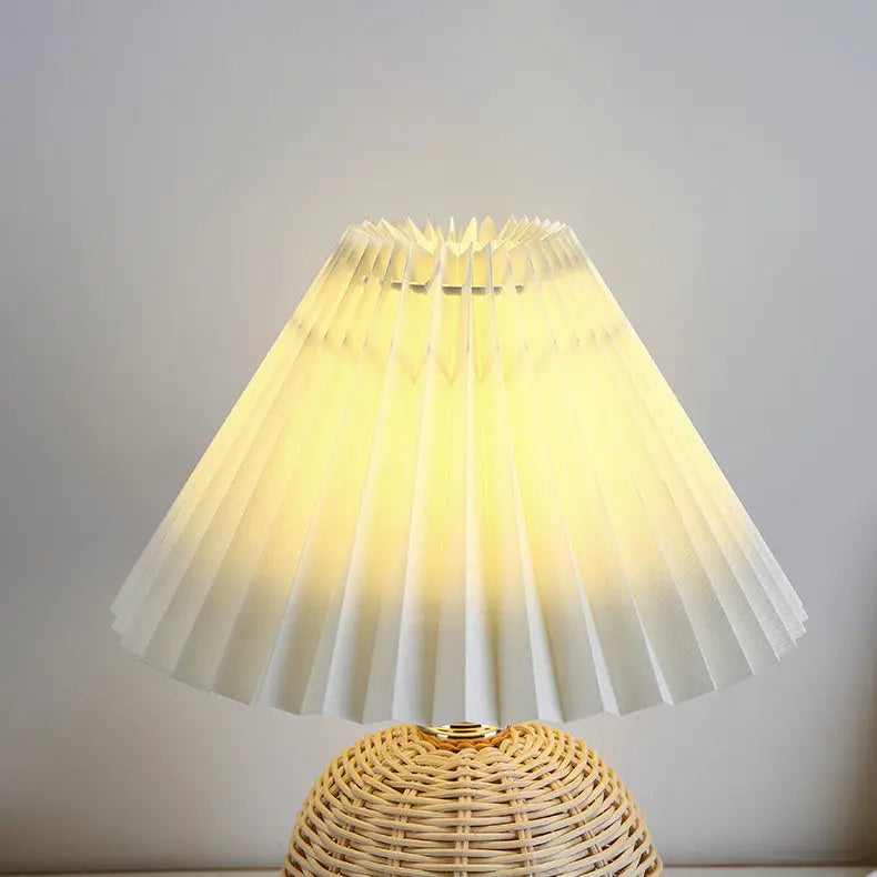 Contemporary Nordic Rattan Fabric Pleated Conic Ball LED Table Lamp For Bedroom Cuvalon